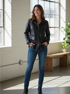 stradivarius Black Faux Leather Button-Down Shirt